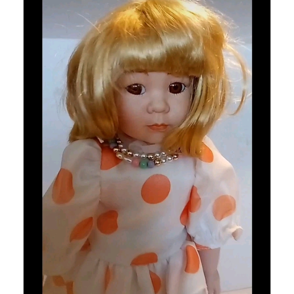 MARIAN YU PORCELAIN DOLL 15" LENGTH Polka Dot Dress Doll with Blonde Hair - Picture 3 of 9